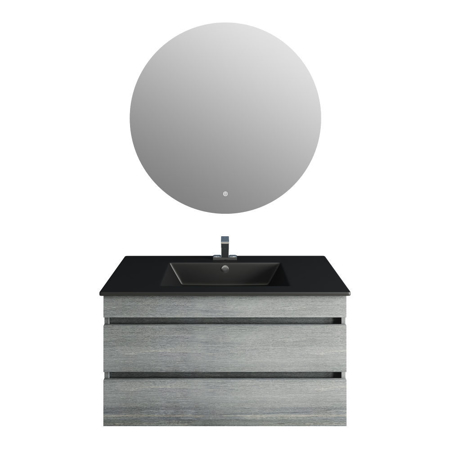 32" Glance Frozen Gray Vanity, Matt Black Sink, Moon Mirror