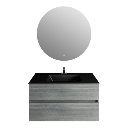 32'' Frozen Gray Vanity, Matt Black Sink. Moon Mirror