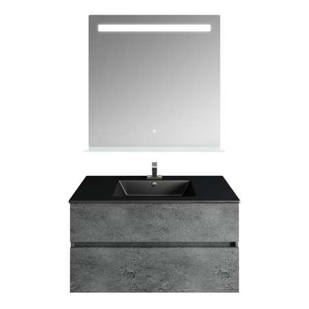 32'' Concrete Gray Granite Vanity, Matt Black Sink, Ronda Mirror