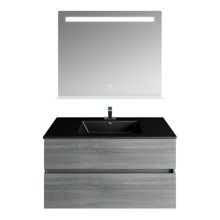 36'' Frozen Gray, Matt Black Sink, Ronda Mirror