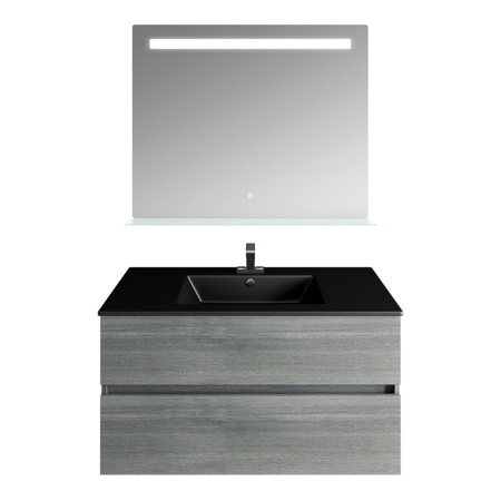 36'' Frozen Gray, Matt Black Sink, Ronda Mirror